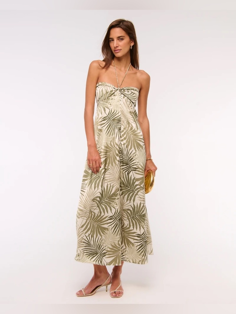Abercrombie & fitch flowy Halter tie Palm-Print Maxi Dress Olive beach boho chic
